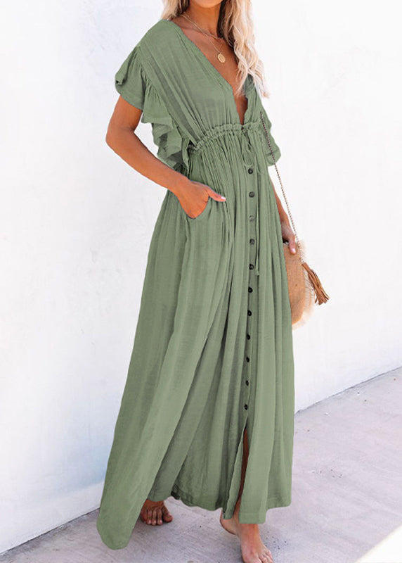 Loose Orange Ruffled Lace Up Patchwork Cotton Maxi Dress Summer
