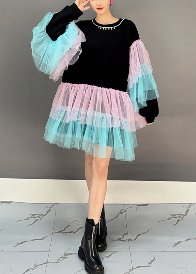 Black O Neck Tulle Patchwork Cotton Mid Dress Fall