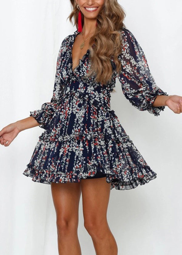 Classy Yellow Ruffled Puff Sleeve Print Chiffon Dresses