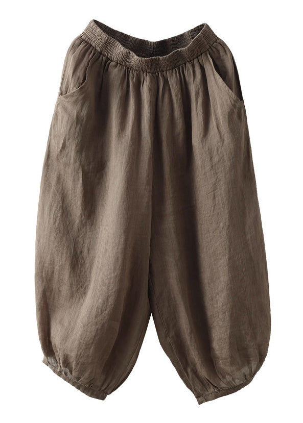 Coffee Elastic Waist Ramie Crop Pants