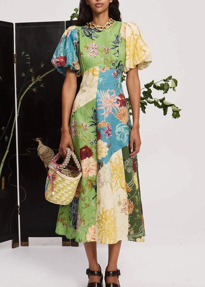 O Neck Print Cotton Long Dress Lantern Sleeve