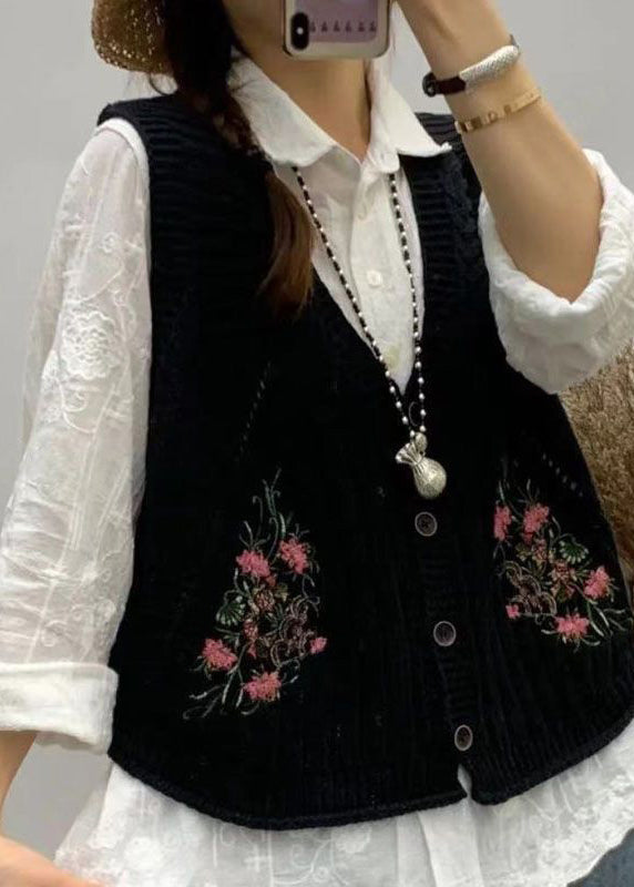 Green V Neck Embroidered Knit Vest Fall