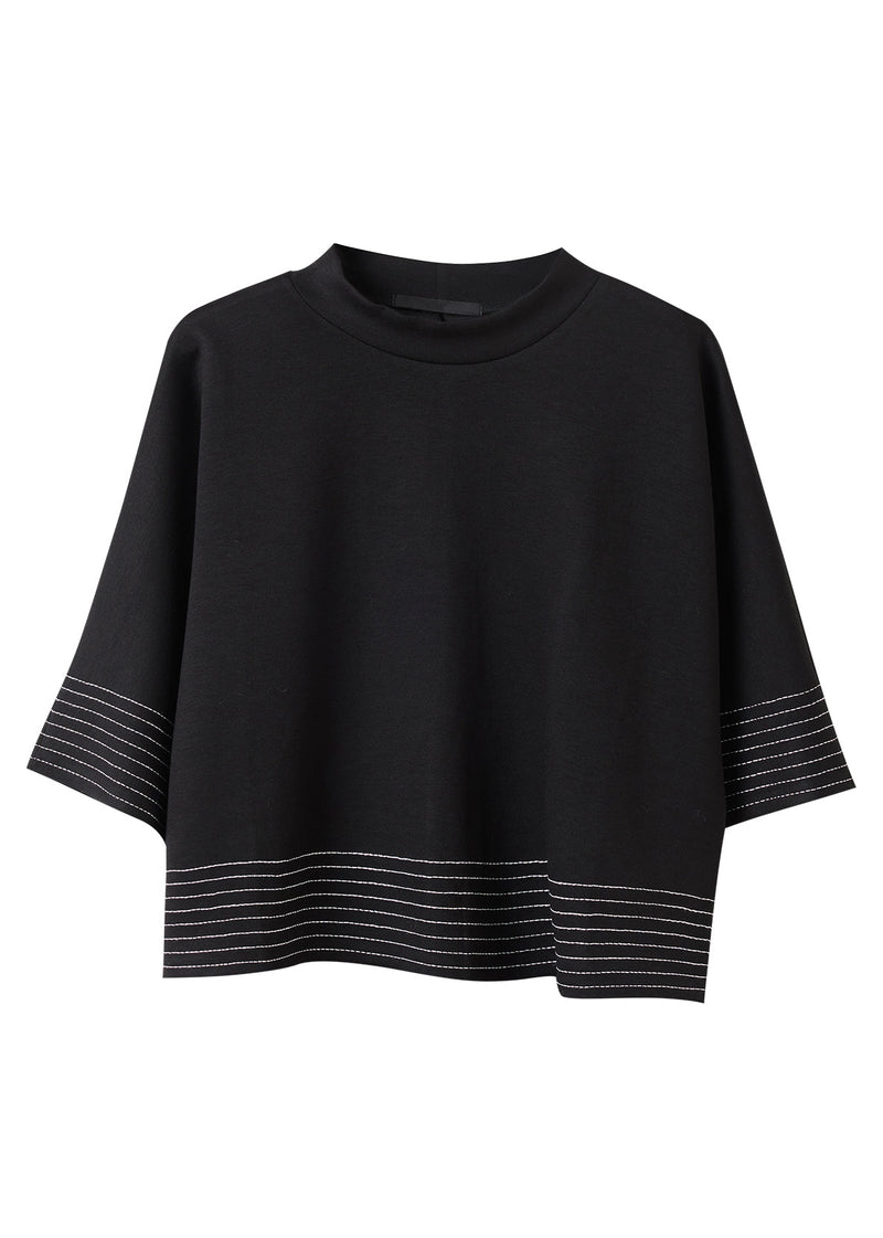 Black O-neck Striped Patchwork Tops Batwing Sleeve