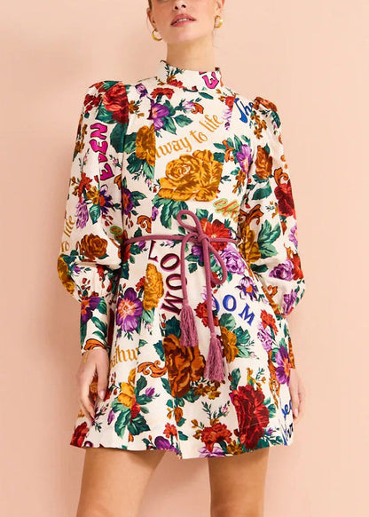 Multi Print Tie Waist Cotton Mid Dress Long Sleeve