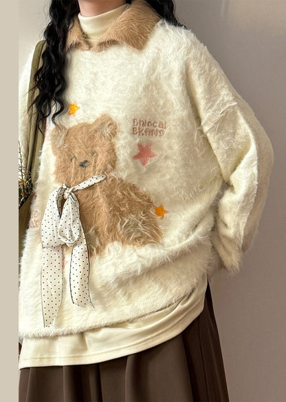 Apricot Peter Pan Collar Little Bear Bow Mink Hair Knitted Sweaters Winter