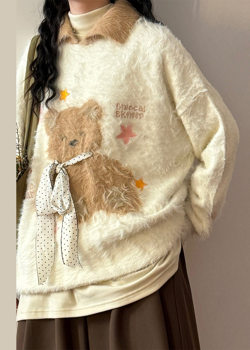 Apricot Peter Pan Collar Little Bear Bow Mink Hair Knitted Sweaters Winter