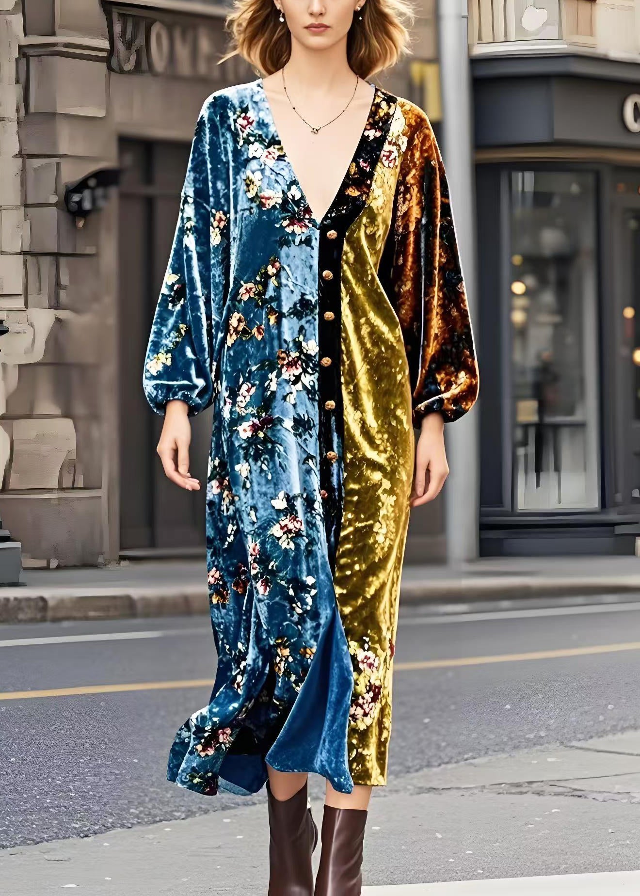 Colorblock V Neck Patchwork Golden Button Silk Velvet Dresses Spring