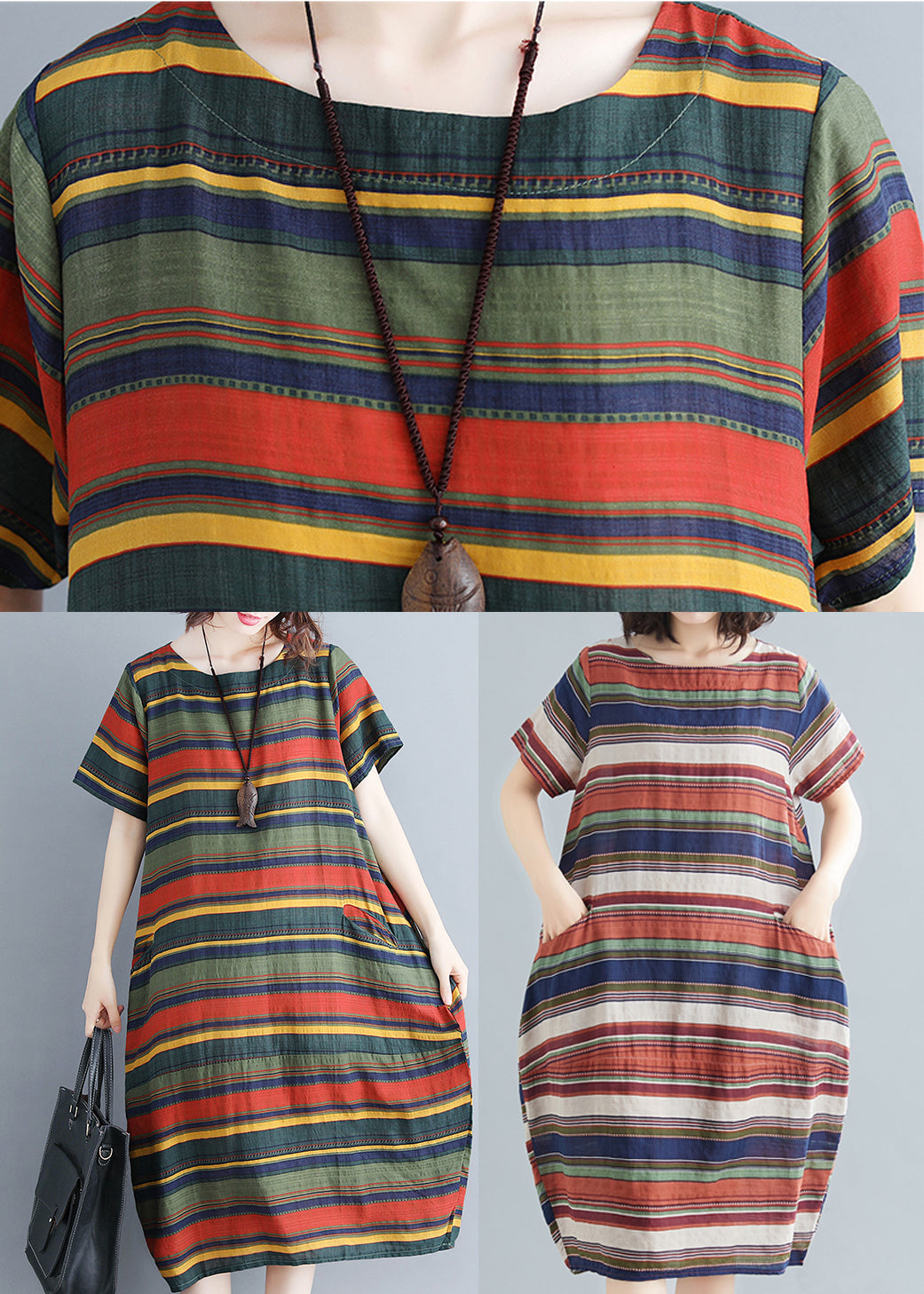 Italian Red Striped O-neck Cotton Maxi Dress Short Sleeve