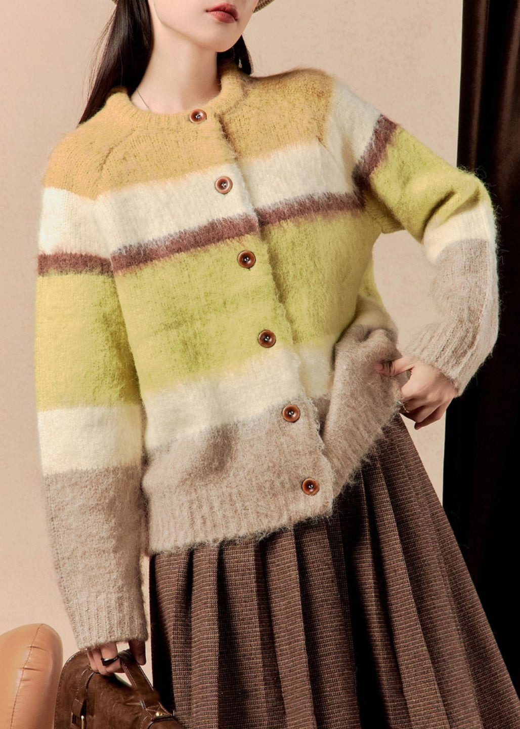 Yellow Striped Button Patchwork Cotton Knit Sweaters Winter