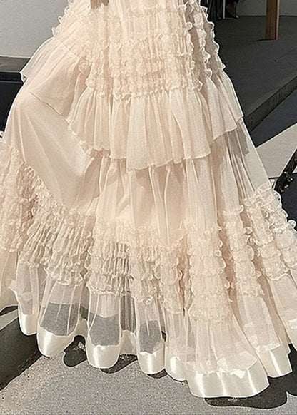 Apricot Ruffled Elastic Waist Tulle Maxi Skirts Summer