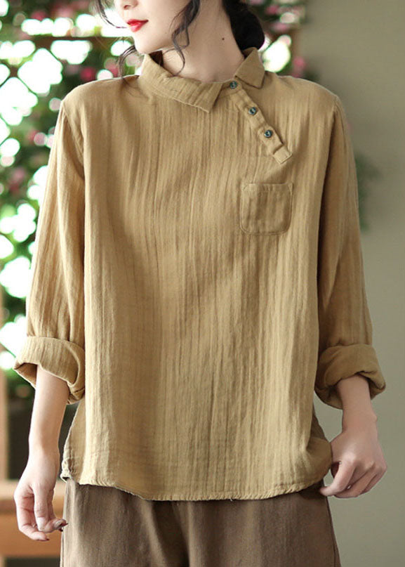 Handmade Khaki Peter Pan Collar Asymmetrical Design Cotton Shirts Long Sleeve