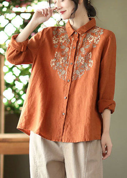 Orange Button Peter Pan Collar Embroidered Linen Blouses Spring
