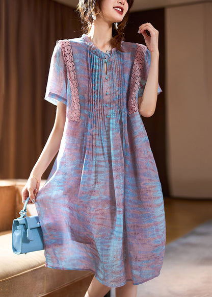 Pink Ruffled Print Chiffon Long Dress Short Sleeve