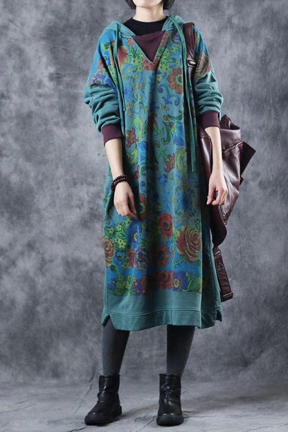 Loose Hoodie Print Long Fleece Dresses for