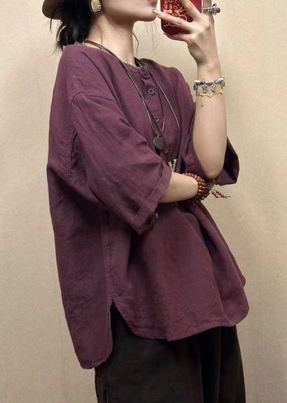 Loose Dark Red O-neck Button Cotton Top Bracelet Sleeve