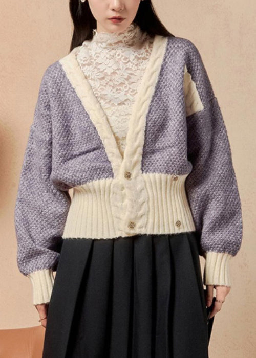 Purple V Neck Button Patchwork Knit Cardigan Winter