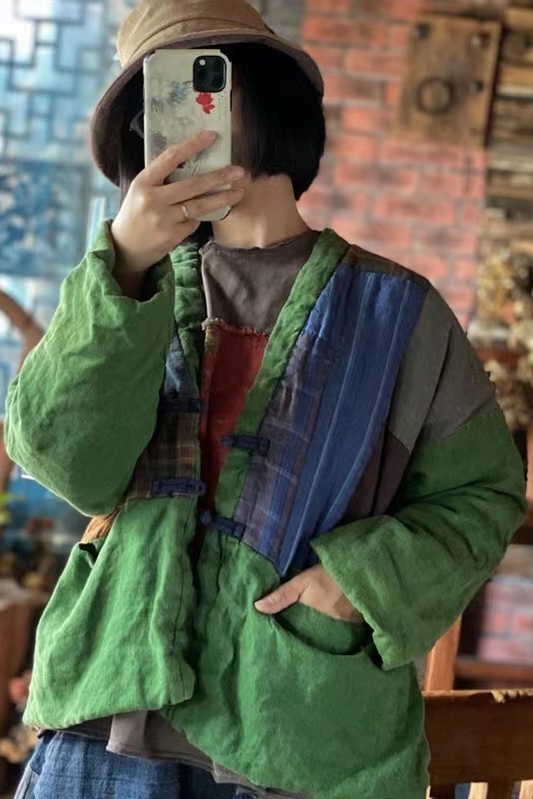 -green Distressed Linen Patch Loose Short Coat