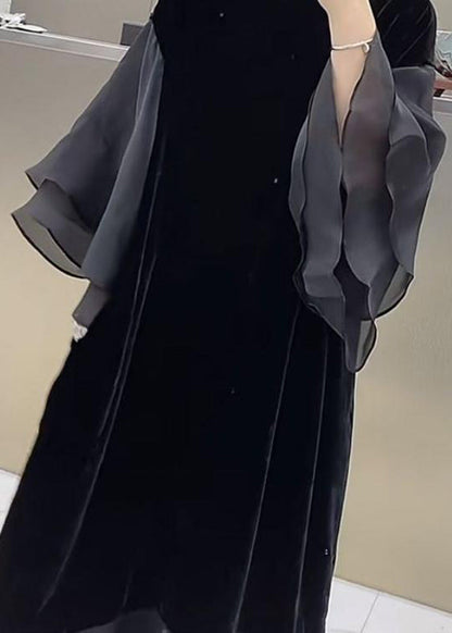 Black O-neck Patchwork Silk Velvet Maxi Dress Butterfly Sleeve