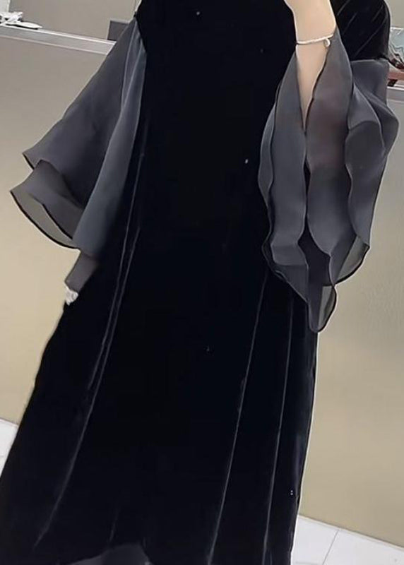 Black O-neck Patchwork Silk Velvet Maxi Dress Butterfly Sleeve