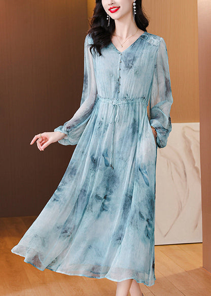 Blue V Neck Print Drawstring Silk Dress Lantern Sleeve
