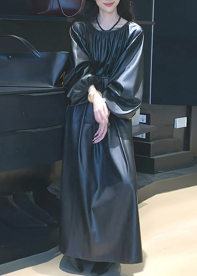 Black Cinched Tie Waist Pu Maxi Dresses Spring