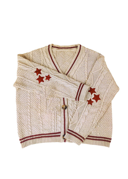 White V Neck Embroidered Knit Cardigan Fall