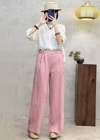 Pink Side Tie Waist Linen Pants Summer