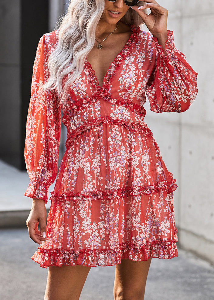 Red Ruffled Print Patchwork Chiffon Mid Dress Spring