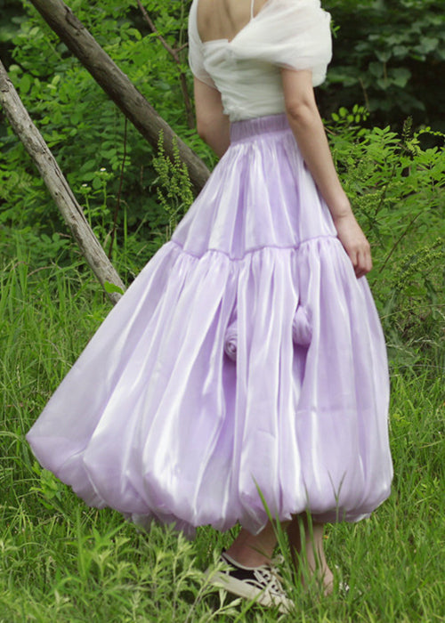 Purple Elastic Waist Silk Skirts Summer