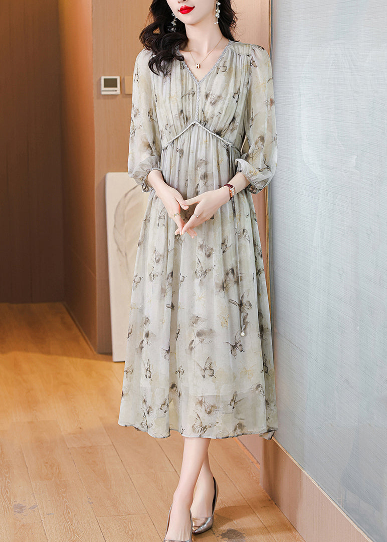 V Neck Print Lace Up Chiffon Long Dress Lantern Sleeve