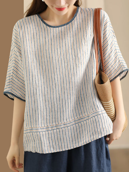 Summer Stripe Spliced Linen Shirt