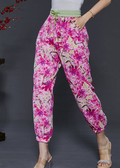 Rose Print Pockets Chiffon Pants Summer
