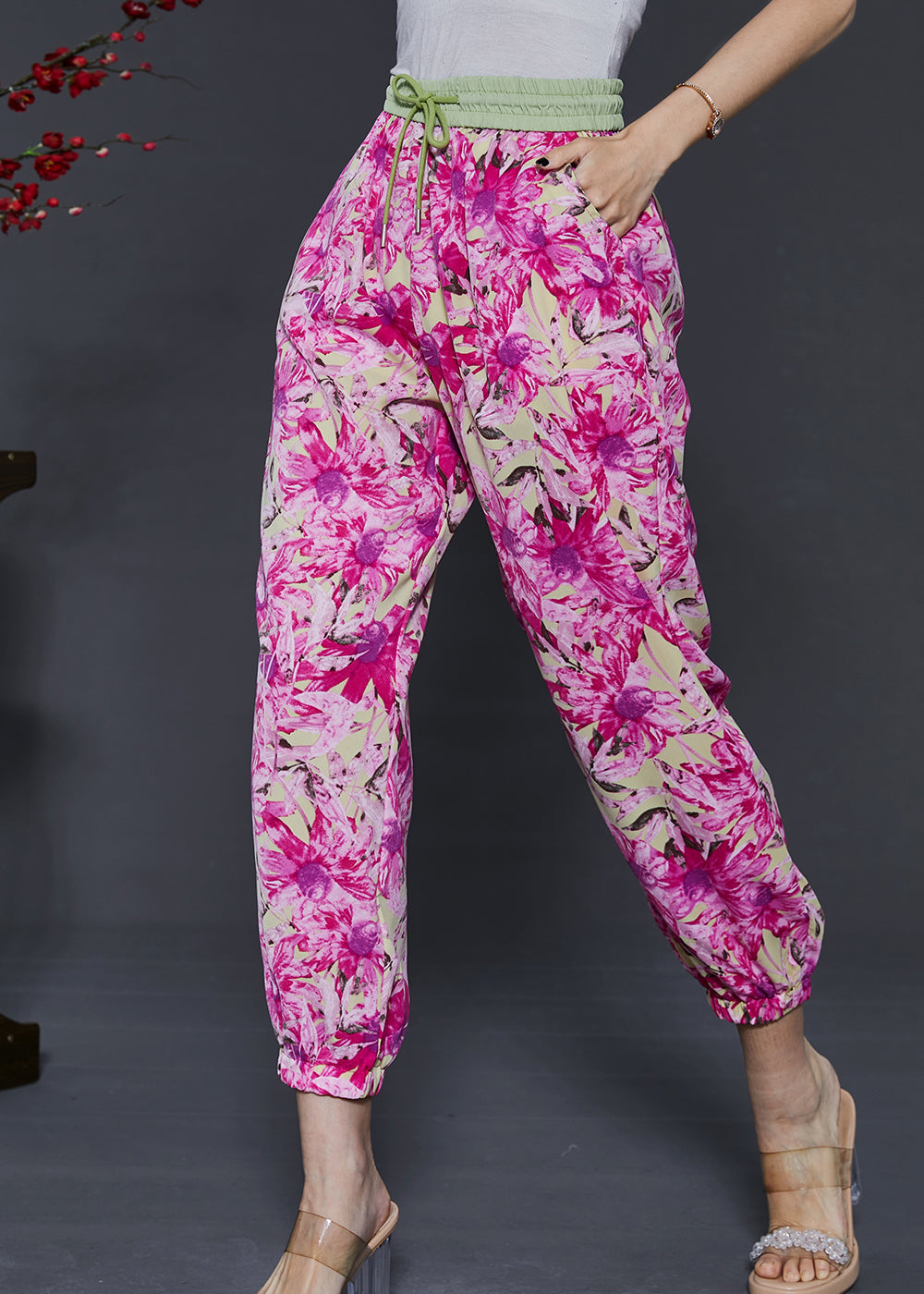 Rose Print Pockets Chiffon Pants Summer