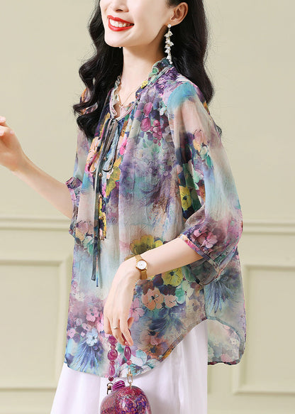 Blue Ruffled Print Chiffon Shirts Bracelet Sleeve