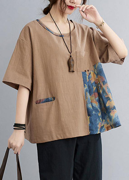 Khaki Patchwork Pockets Cotton Linen Shirt Summer