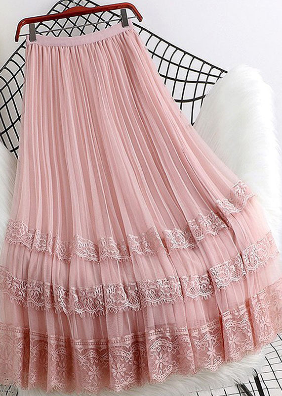 Pink Tulle a Line Skirt Summer Lace Patchwork