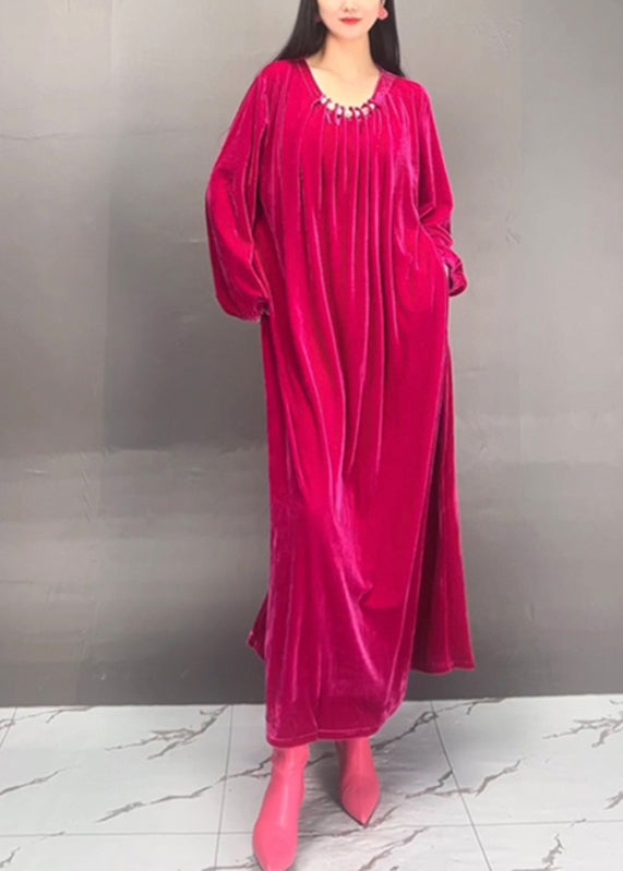 Handmade Rose O-neck Wrinkled Velour Maxi Dresses Fall