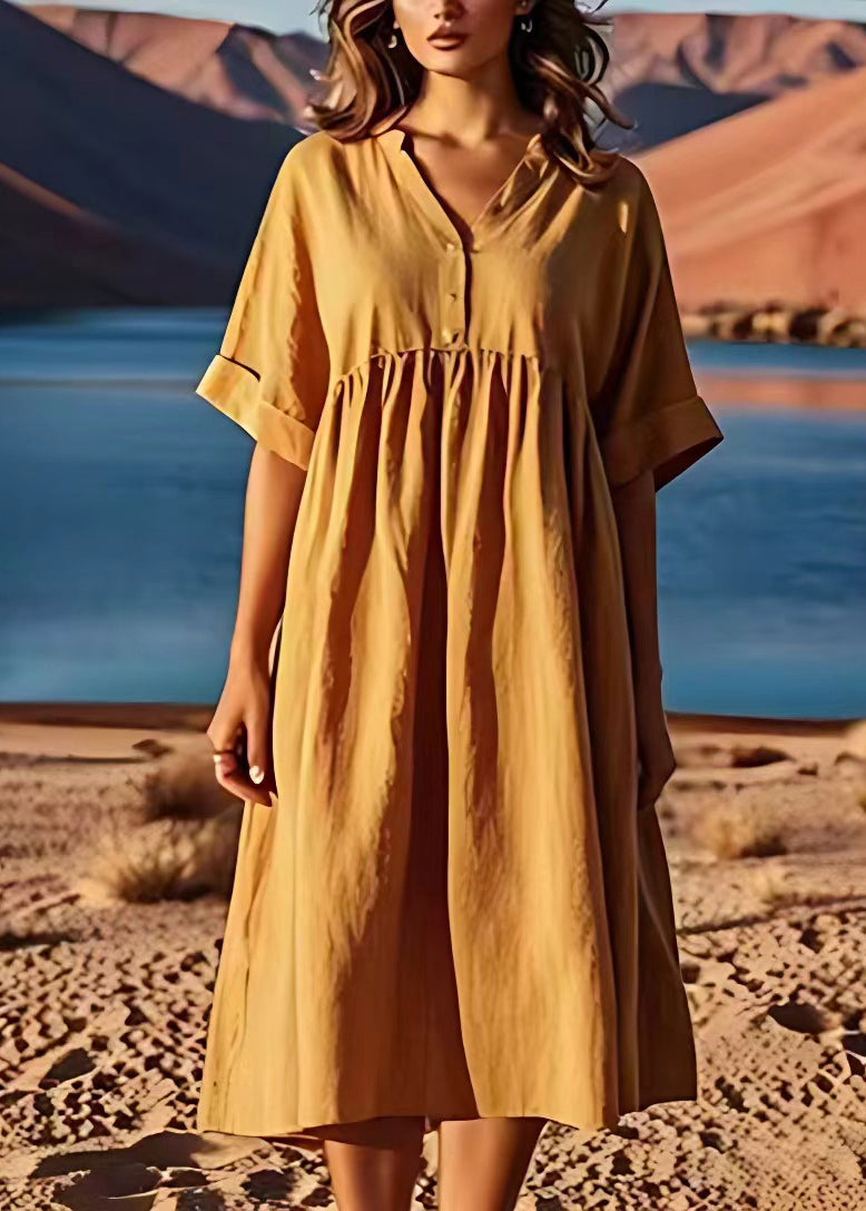 Yellow V Neck Wrinkled Patchwork Linen Dresses Summer