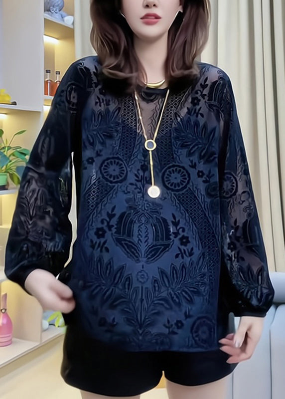 Hollow Out Lace Shirt Black V Neck Spring