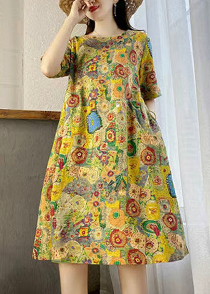 New Yellow O Neck Print Pockets Cotton Dresses Summer