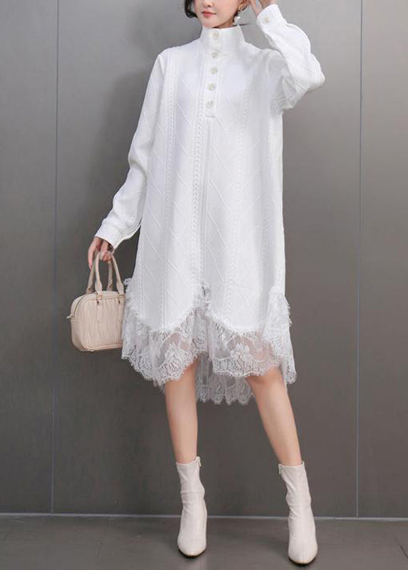 White Peter Pan Collar Lace Patchwork Long Dresses Spring