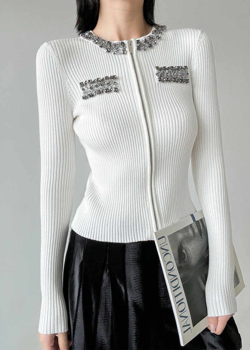 Stylish Black O-neck Zip Up Zircon Wool Cardigans Spring