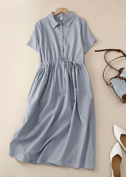 Pink Peter Pan Collar Drawstring Cotton Long Dress Summer