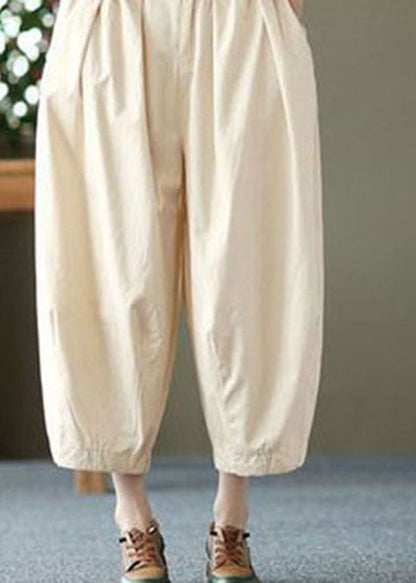 Beige Pockets Wrinkled Patchwork Linen Crop Pants Summer