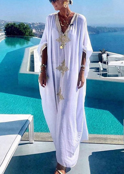 Gold Embroidered Kaftan Retro V Neck White Dress