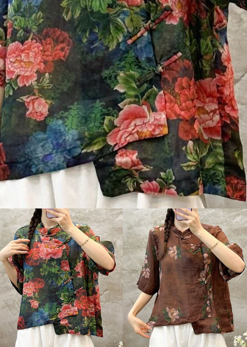 Green Stand Collar Print Linen Shirt Summer