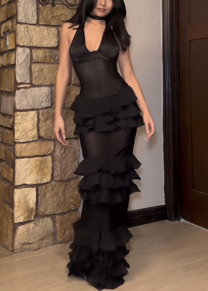 Black V Neck Ruffled Tulle Maxi Dresses Sleeveless