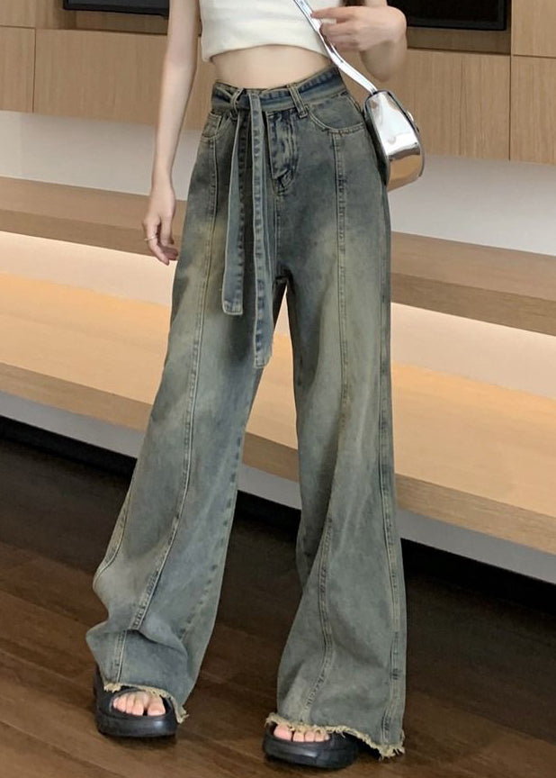 Blue Lace Up Pockets Denim Pants Spring