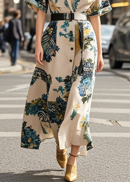 Khaki Cinched Print Cotton Robe Dresses Summer