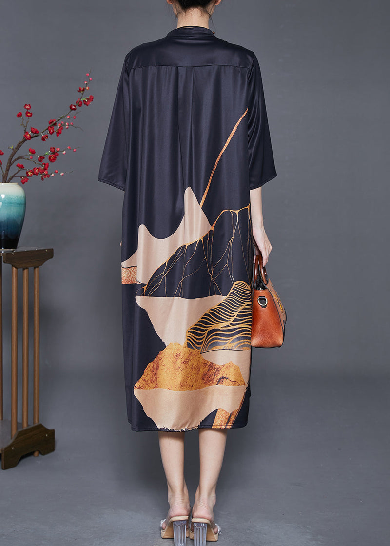 Black Print Wrinkled Silk Shirt Dress Summer